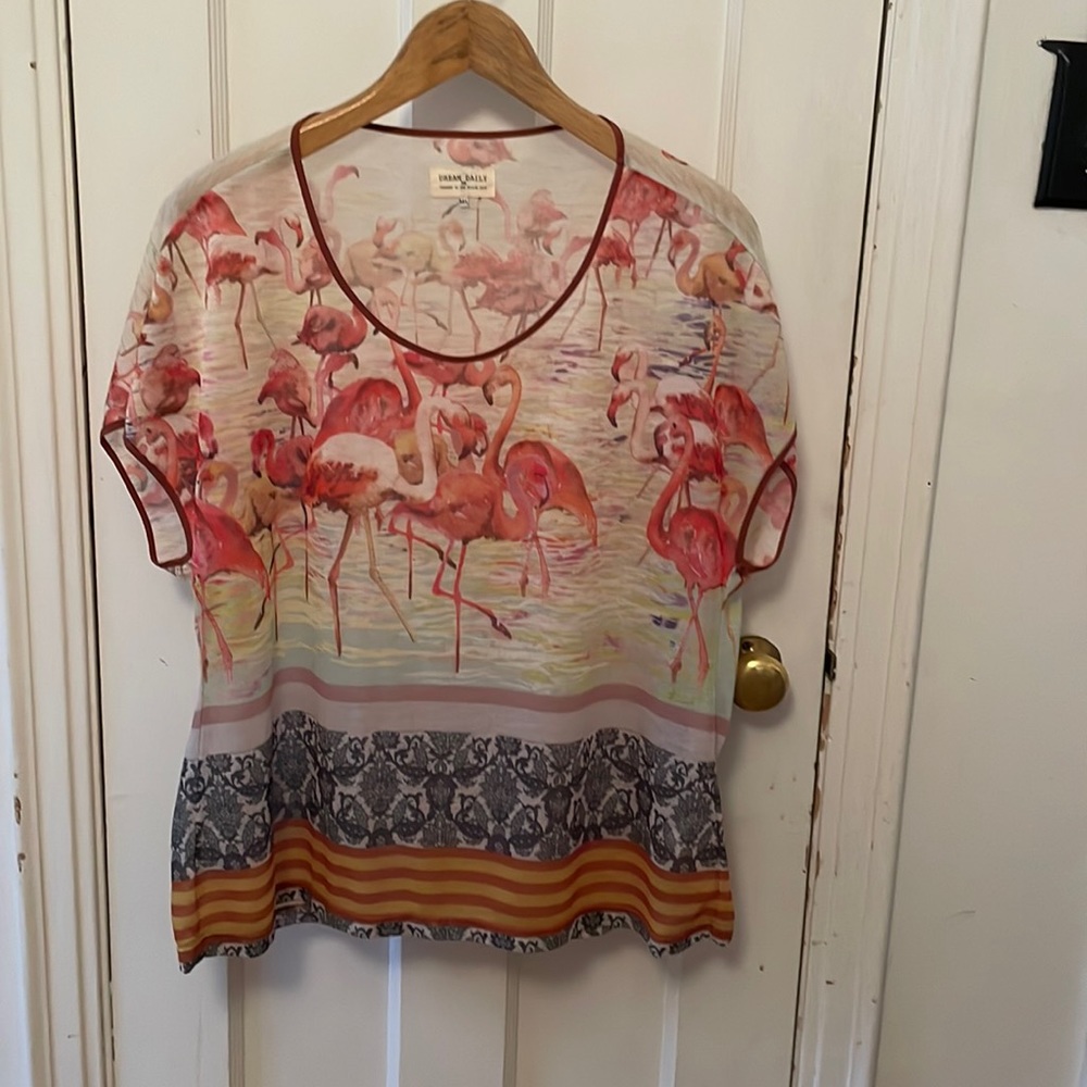 Anthropology top, with flamingo art.